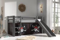 Vipack lit mi-hauteur avec toboggan Pino gris + rideau de jeu Pirates