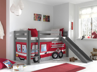 Vipack lit mi-hauteur avec toboggan Pino gris + rideau de jeu Pompiers-Image 1