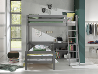 Vipack hoogslaper Pino 90 x 200 cm grijs + bed en boekenkast