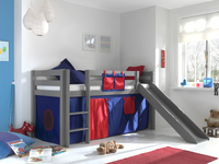 Vipack lit mi-hauteur avec toboggan Pino gris + rideau de jeu et poches de rangement Domino-Image 1