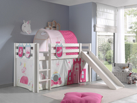 Vipack lit mi-hauteur avec toboggan Pino blanc + tunnel de lit, rideau de jeu et poches de rangement Princesse-Image 1