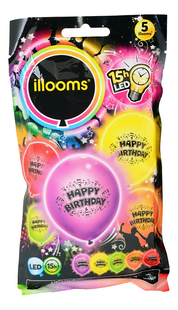 Verlichte ballon 5 kleuren Ø 23 cm Illooms 'Happy Birthday' - 5 stuks