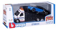 Bburago Vrachtwagen Takelwagen met auto Bugatti Chiron-Linkerzijde