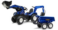 Falk Tracteur New Holland bleu avec chargeur frontal, bras d'excavation et remorque