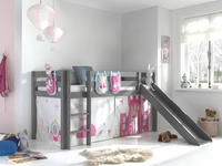 Vipack lit mi-hauteur avec toboggan Pino gris + rideau de jeu et poches de rangement Princesse-Image 1