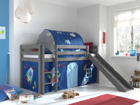 Vipack lit mi-hauteur avec toboggan Pino gris + tunnel de lit et rideau de jeu Astronaute-Image 1