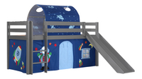 Vipack lit mi-hauteur avec toboggan Pino gris + tunnel de lit et rideau de jeu Astronaute-Côté gauche