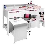 Lit mi-hauteur/bureau Ella Avec ce lit mi-hauteur Ella, fonctionnel, glisse le bureau sous le lit, une fois tes devoirs finis, pour avoir plus de place pour jouer ! Avec échelle.