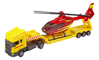DreamLand gele vrachtwagen met rode helikopter-commercieel beeld