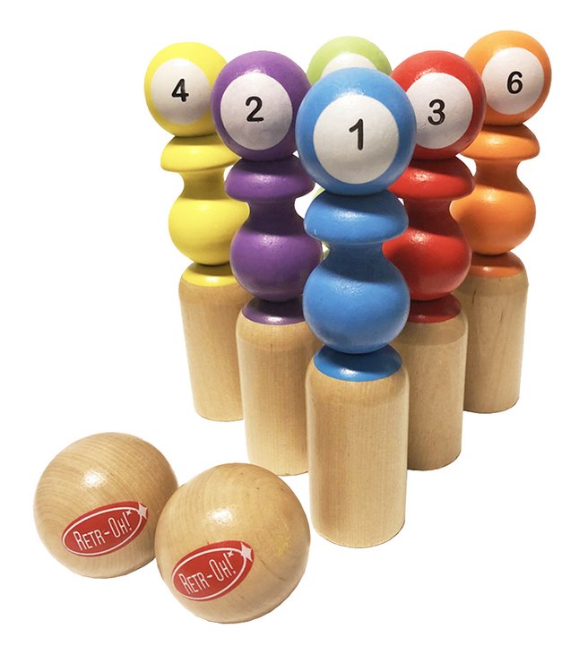 Retr-Oh! jeu de bowling en bois - 6 quilles, 2 boules