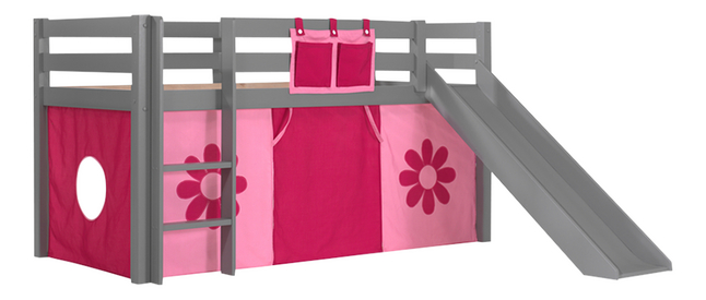 Vipack lit mi-hauteur avec toboggan Pino gris + rideau de jeu et poches de rangement Pink Flower
