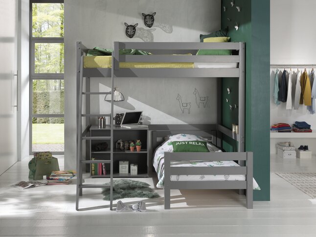 Vipack hoogslaper Pino 140 x 200 cm grijs + bed en boekenkast