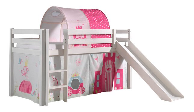 Vipack lit mi-hauteur avec toboggan Pino banc + tunnel de lit et rideau de jeu Princesse