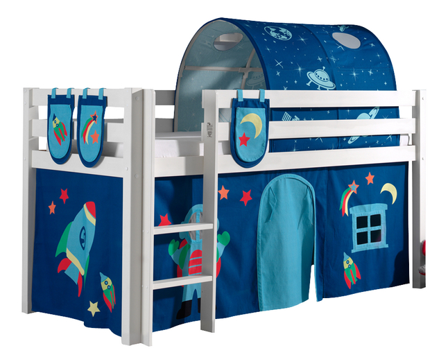 Vipack lit mi-hauteur Pino blanc + tunnel de lit, rideau de jeu et poches de rangement Astronaute