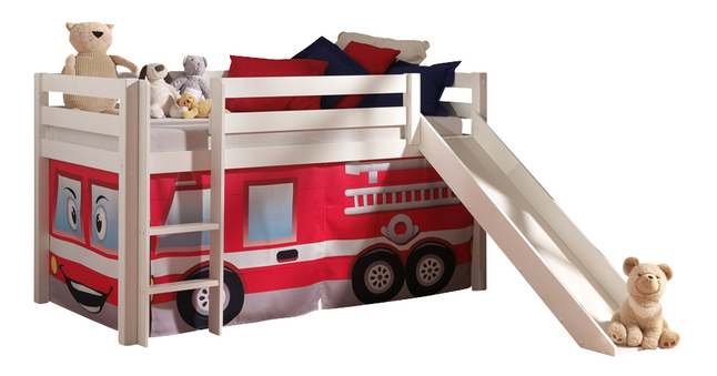 Vipack lit mi-hauteur avec toboggan Pino blanc + rideau de jeu Pompiers
