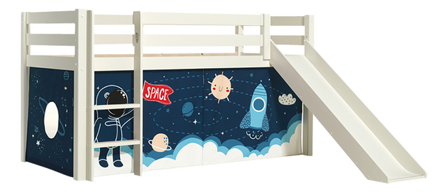 Vipack lit mi-hauteur avec toboggan Pino blanc + rideau de jeu Space