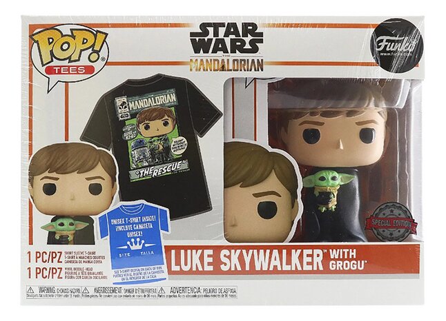 Funko Pop! figurine Star Wars The Mandalorian - Luke Skywalker with Grogu + t-shirt taille M