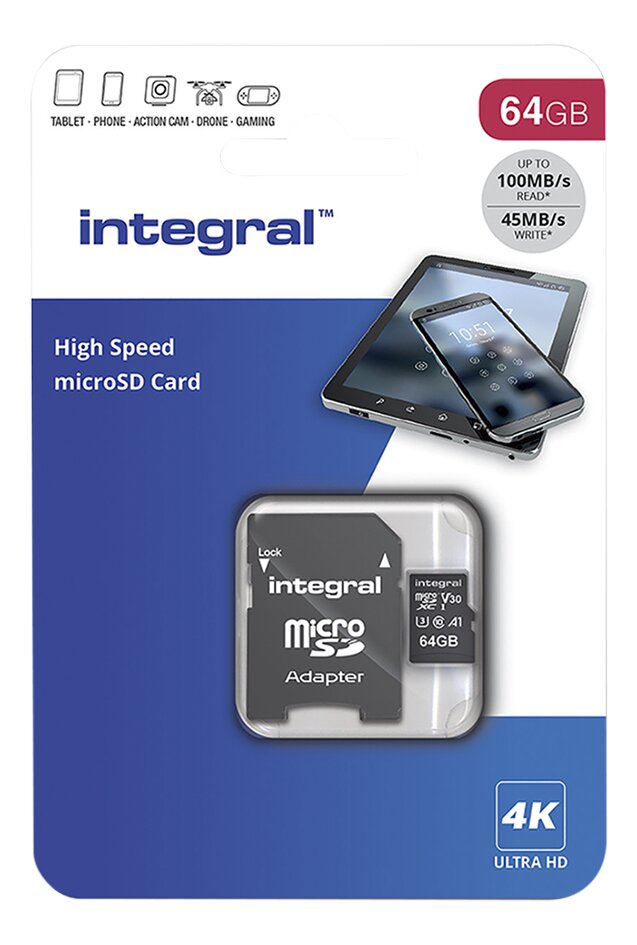 Integral carte mémoire microSD + adaptateur V30 64 Go
