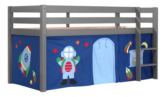 Vipack lit mi-hauteur Pino gris + rideau de jeu Astronaute