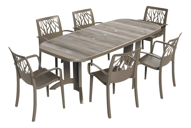 Laster Vergelijken Penelope Grosfillex tuinset Vega/Vegetal houtlook/taupe - 6 stoelen kopen? | Bestel  eenvoudig online | DreamLand